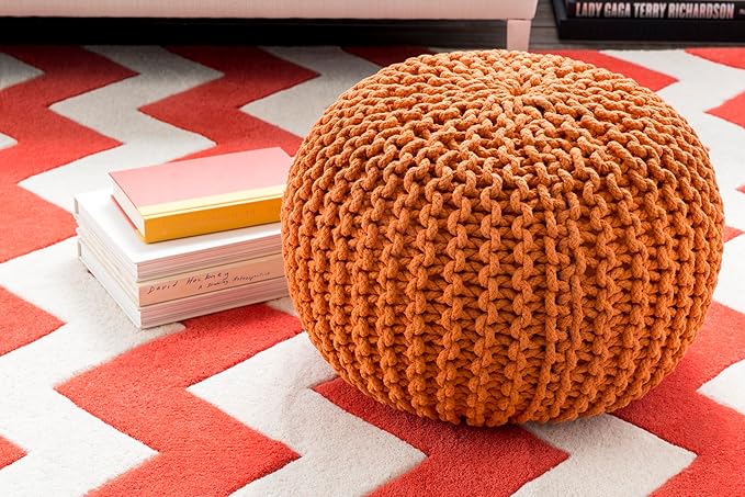 Mark&Day Pouf Ottoman, Harmannsdorf Texture Bright Orange Round Pouf Foot Rest for Living Room, Bedroom and Boho Home Decor (14"x20"x20")