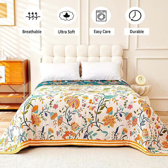 Boho Throw Blanket for Bed, 100% Organic Cotton Breathable Ultra Soft 60" x 80" Quilt Throw - All Season Floral Rustic Farmhouse Decor Luxury Reversible Blanket for Sofa Couch Chair and Gift