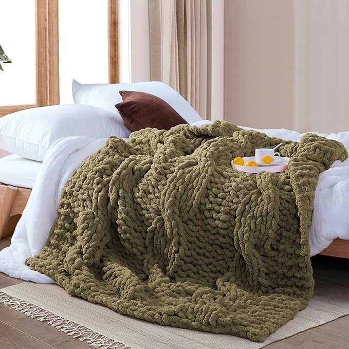 Chunky Knit Blanket Throw - 100% Hand Knitted Chunky Soft Throw Blanket for Couch, Thick and Warm Blanket for Winter, Olive Green, 40x50 Inches