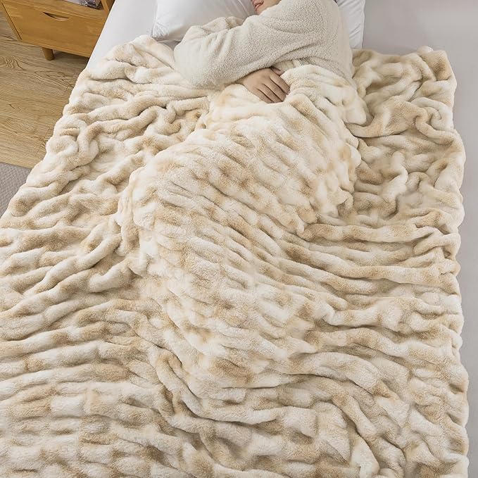 WDCOZY Ruched Faux Fur Throw Blanket Soft Cozy Fluffy Luxurious Blankets Couch Bed Sofa Chair Home Decor Warm Furry Fall Winter Plush Rabbit Fur Bubble Blanket 60" x 80", Caramel