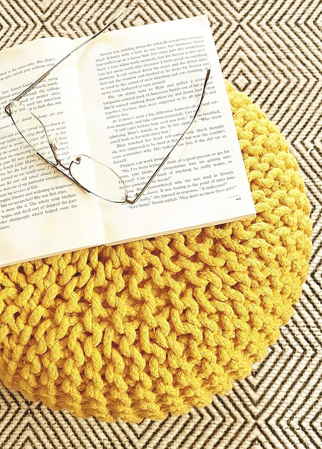 FRELISH DECOR Round Pouf Ottoman Hand Knitted 100% Cotton Pouf Foot Stool - Knitted Bean Bag - Floor Chair for Living Room Bedroom - Foot Rest for Couch (20 Diameter x 14 Height) - Yellow