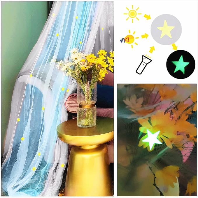 Eimilaly Two-Tone Bed Canopy Stars Glow in The Dark White Blue, Mosquito Net Bed Canopy for Girls Room Decor, Single Door