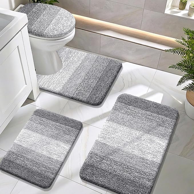 OLANLY Bathroom Rugs Sets 4 Piece, Soft Microfiber Absorbent Bath Mat, U-Shaped Contour Toilet Mat and Toilet Lid Cover, Quick Dry, Machine Washable, Toilet Cover and Rug Set for Bathroom, Grey