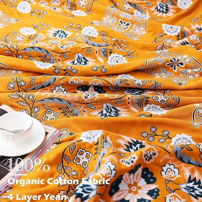 Boho Throw Blanket, 100% Cotton Soft Sofa Bed Queen Throw-Floral Farmhouse Decor Blanket, Reversible Bohemian Yellow Throw for Chair Couch Quilt and Gift, 80" x 90"