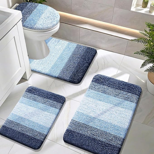 OLANLY Bathroom Rugs Sets 4 Piece, Soft Microfiber Absorbent Bath Mat, U-Shaped Contour Toilet Mat and Toilet Lid Cover, Quick Dry, Machine Washable, Toilet Cover and Rug Set for Bathroom, Navy