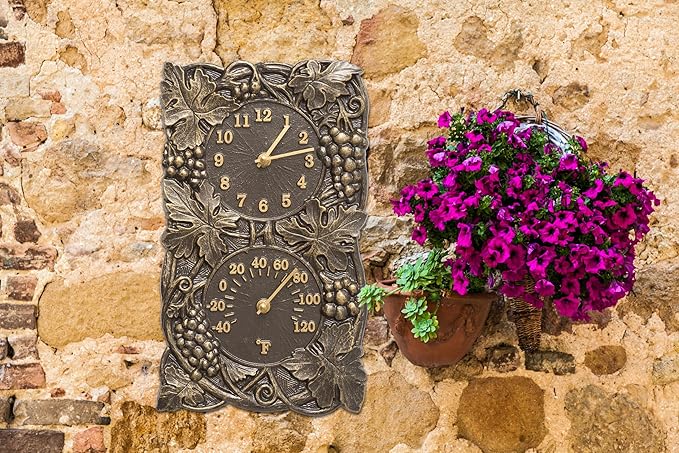 Grapevine Indoor Outdoor Wall Clock & Thermometer Made from Solid cast Aluminum