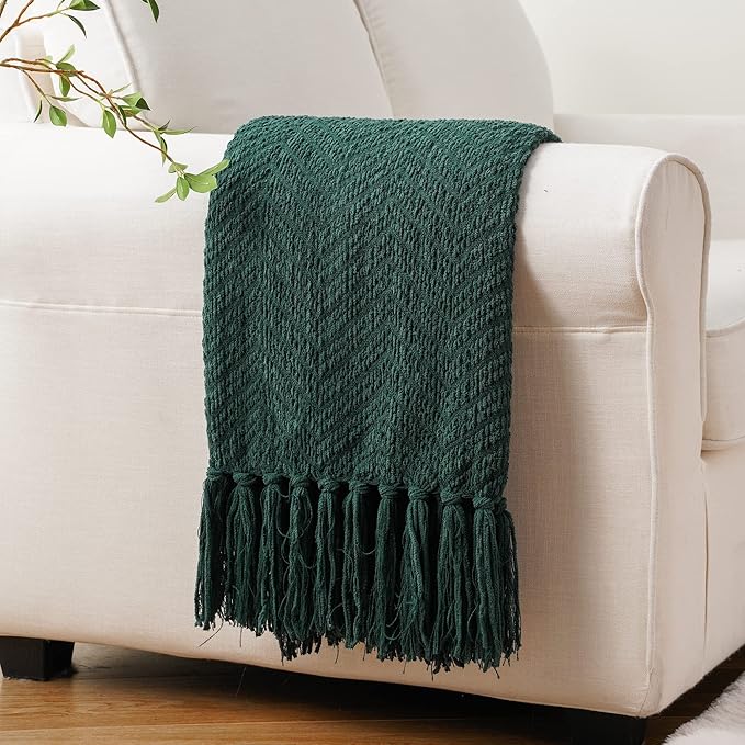 BATTILO HOME Forest Green Throw Blanket for Couch, Knit Christmas Throw Blanket Versatile for Chair, Super Soft Warm Green Christmas Blanket with Tassels for Bed, Sofa and Living Room, 60" x 80"