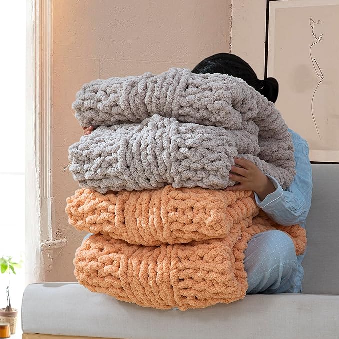 Chunky Knit Blanket Throw - 100% Hand Knitted Chunky Soft Throw Blanket for Couch, Thick and Warm for Winter, Linen, 40x50 Inches