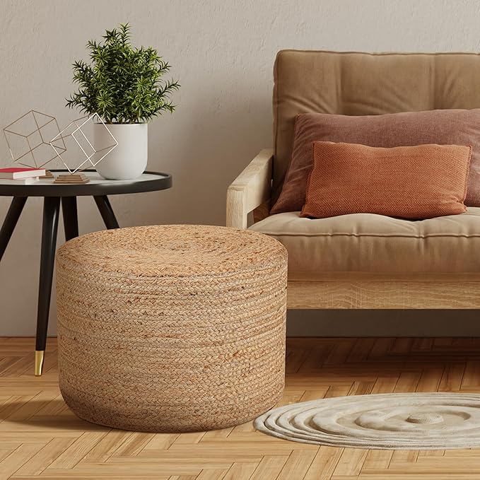 Jute Pouf Ottoman - Briaded Boho Pouf Ottoman Foot Rest - Poofs/Ottomans Furniture Decor - Ottomans Pouffe for Bedroom - Poufs for Living Room - (18"x18"x12")