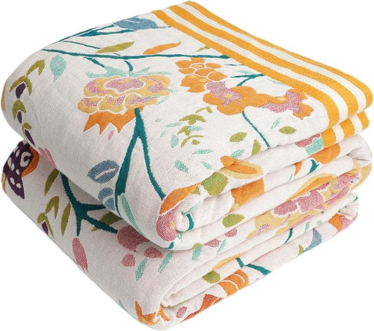 Boho Throw Blanket for Bed, 100% Organic Cotton Breathable Ultra Soft 60" x 80" Quilt Throw - All Season Floral Rustic Farmhouse Decor Luxury Reversible Blanket for Sofa Couch Chair and Gift