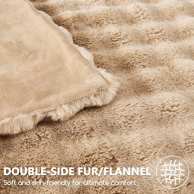 L'AGRATY Faux Rabbit Fur Blanket: 60" x 80" Twin Luxury Soft Fluffy Thick Fur Throw Blanket for Couch Bed - Cozy Plush Bubble Blankets for Winter: Flannel Fleece Decorative Blanket(Milk Tea Brown)