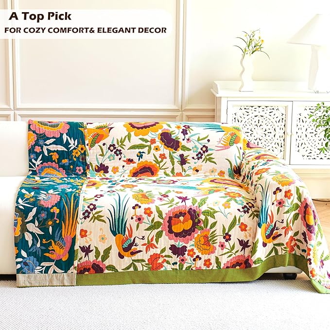Boho Throw Blanket, 100% Organic Cotton Breathable Ultra Soft 91" x 98" Bed Quilt Throw - All Season Floral Rustic Farmhouse Decor Luxury Reversible Blanket for Sofa Couch Chair and Gift