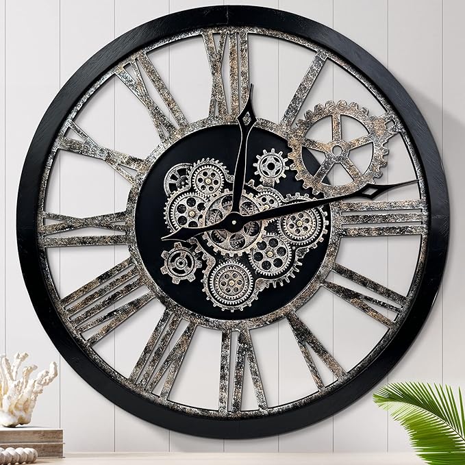 Large Wall Clock, Clocks for Living Room Decor Oversized 30 Inch Wall Decor Farmhouse Vintage Rustic Industrial Roman Big Chic Home Decor Wall Clock for House Bedroom Office, Moving Gears Clock