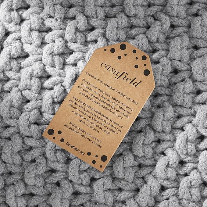 Casafield Square Pouf Ottoman, Light Gray 18.5" W x 18.5" D x 14.5" H Cotton Knit Foot Stool - Boho Floor Pouffe for Living Room, Bedroom, Home Office