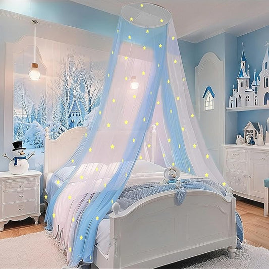 Eimilaly Two-Tone Bed Canopy Stars Glow in The Dark White Blue, Mosquito Net Bed Canopy for Girls Room Decor, Single Door