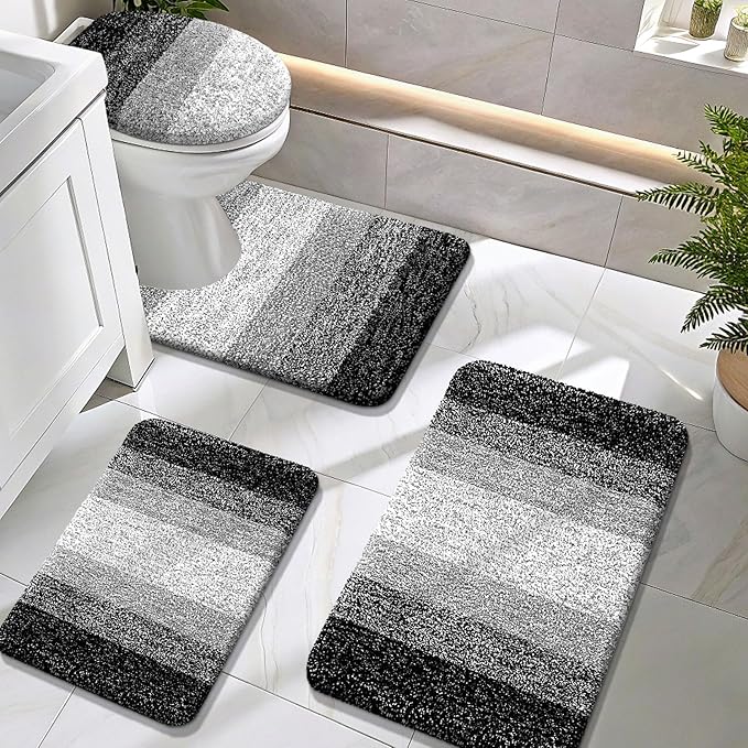 OLANLY Bathroom Rugs Sets 4 Piece, Soft Microfiber Absorbent Bath Mat, U-Shaped Contour Toilet Mat and Toilet Lid Cover, Quick Dry, Machine Washable, Toilet Cover and Rug Set for Bathroom, Black