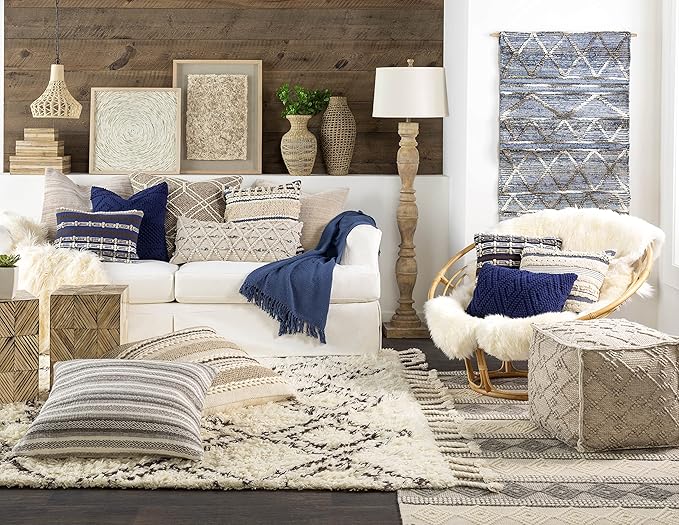 Mark&Day Pouf Ottoman, Lanzendorf Bohemian/Global White Cube Pouf Foot Rest for Living Room, Bedroom and Boho Home Decor (18"x18"x18")