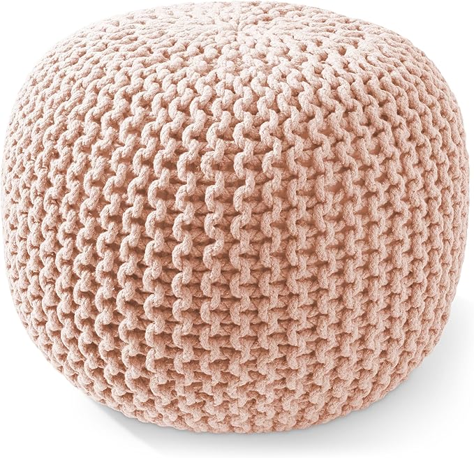 Casafield Round Pouf Ottoman, Light Pink - 20" Diameter x 14.5" High Cotton Knit Foot Stool - Boho Floor Pouffe for Living Room, Bedroom, Home Office