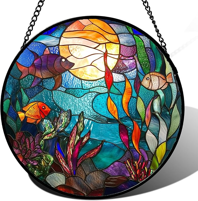 Stained Glass Window Hanging - Blue Ocean World Small Fish Coral Sun Catcher for Door Garden Home Decor Sea Suncatcher Christmas Mother's Day Birthday Gifts for Women Men Mom Nana 6.3 in