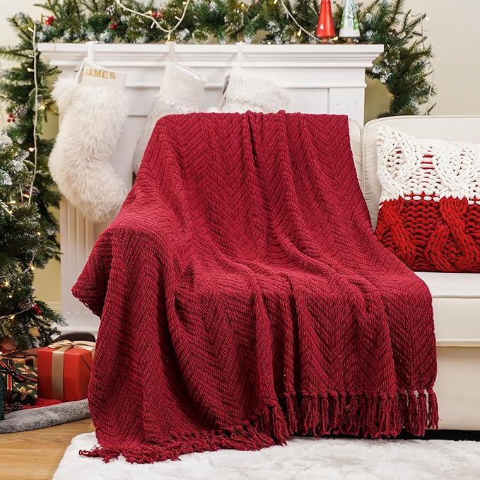 BATTILO HOME Red Throw Blanket for Couch, Knit Christmas Throw Blanket for Home Decor, Super Soft Cozy Warm Red Christmas Blanket for Winter, 50" x 60"