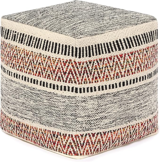 REDEARTH · Tufted Pouf Ottoman with Filler Textured Storage Cube Bean Bag Pouffe Footrest for Living Room, Bedroom, Nursery, Home Decor - 100% Cotton (17.5"X17.5"X17.5", Motley Bohemia Multi)