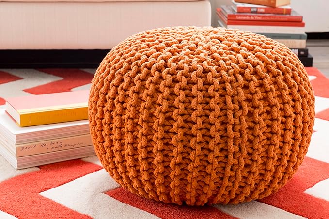 Mark&Day Pouf Ottoman, Harmannsdorf Texture Bright Orange Round Pouf Foot Rest for Living Room, Bedroom and Boho Home Decor (14"x20"x20")