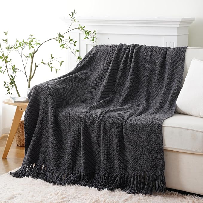 BATTILO HOME Dark Grey Throw Blanket for Couch, Knit Charcoal Throw Blanket Versatile for Chair, 50 x 60 Inch - Super Soft Warm Grey Blanket with Tassels for Bed, Sofa and Living Room