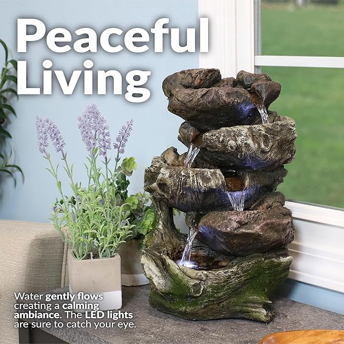 Sunnydaze Tabletop Water Fountain - Relaxing Indoor Desktop Water Feature - Rock Fountain with LED Lights - Office, Bedroom, Living Room