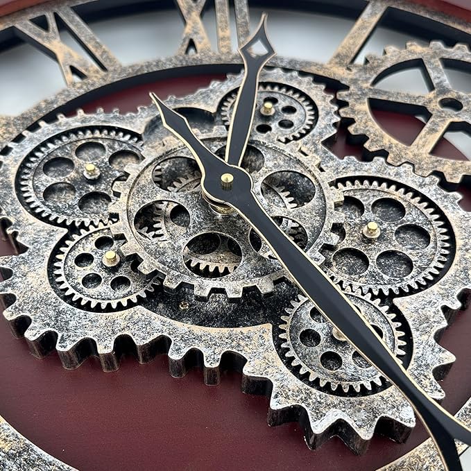 HOIBAI Large Wall Clock, 18 Inch Wall Clocks for Living Room Decor Farmhouse Vintage Rustic Kitchen Wall Decor Vintage Roman Big Oversized Wall Clock for Home Bedroom House Office, Moving Gears Clock