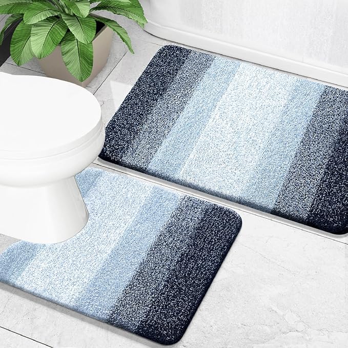OLANLY Bathroom Rug Set 2 Piece, Soft Absorbent Microfiber Bath Mats and U-Shaped Contour Toilet Rug, Non-Slip, Machine Wash Dry, Plush Shaggy Bath Mats for Bathroom (30"x20"+24"x20", Dark Blue)