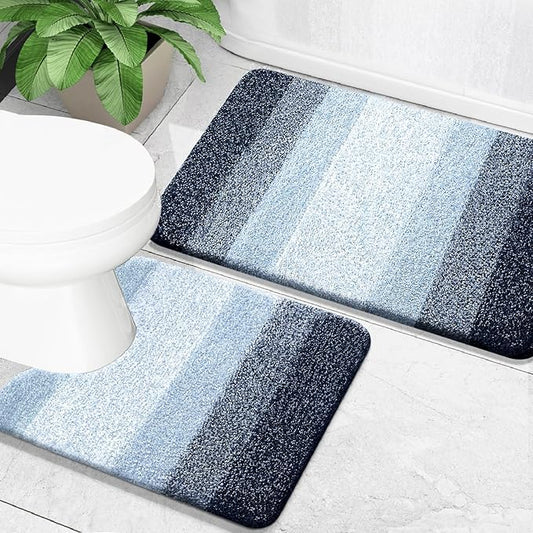 OLANLY Bathroom Rug Set 2 Piece, Soft Absorbent Microfiber Bath Mats and U-Shaped Contour Toilet Rug, Non-Slip, Machine Wash Dry, Plush Shaggy Bath Mats for Bathroom (30"x20"+24"x20", Dark Blue)