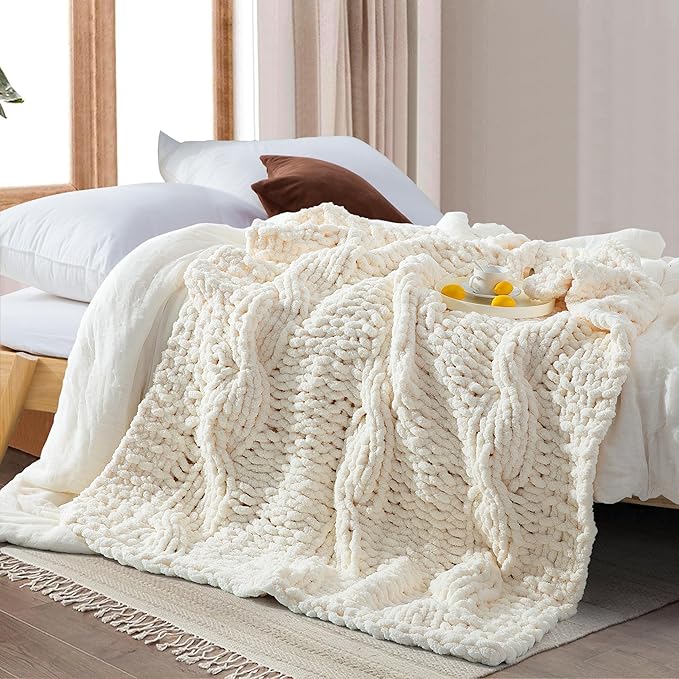 Chunky Knit Blanket Throw - 100% Hand Knitted Chunky Soft Throw Blanket for Couch, Thick and Warm Blanket for Winter, White, 50x60 Inches