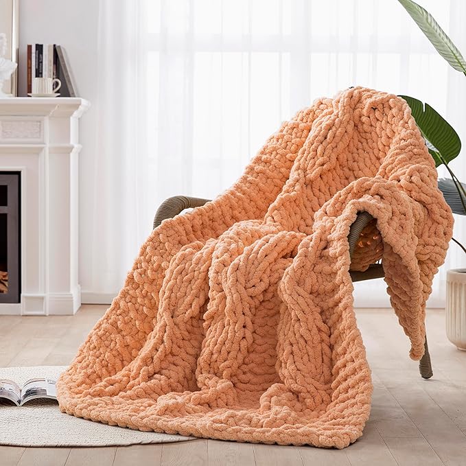 Chunky Knit Blanket Throw - 100% Hand Knitted Chunky Throw Blanket for Couch, Thick and Warm Blanket for Winter, Light Yellow, 50x60 Inches