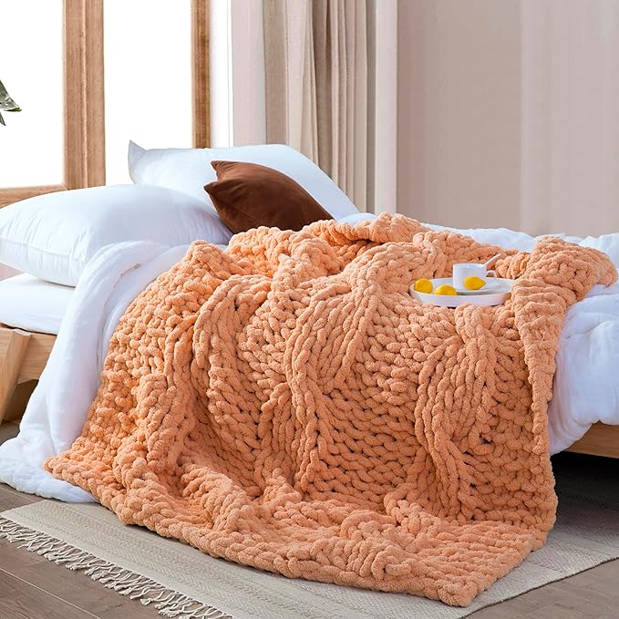 Chunky Knit Blanket Throw - 100% Hand Knitted Chunky Throw Blanket for Couch, Thick and Warm Blanket for Winter, Light Yellow, 50x60 Inches