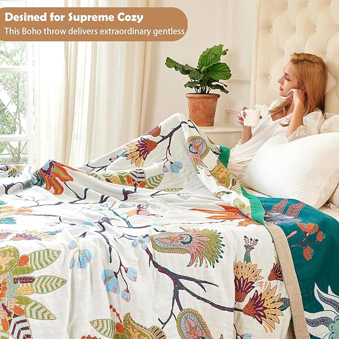 Boho Throw Blanket, 100% Organic Cotton Breathable Skin-Friendly Ultra Soft Bed Quilt Throw - All Season Floral Bird Farmhouse Décor Luxury Blanket for Sofa Couch Chair and Gift. 80" x 90"