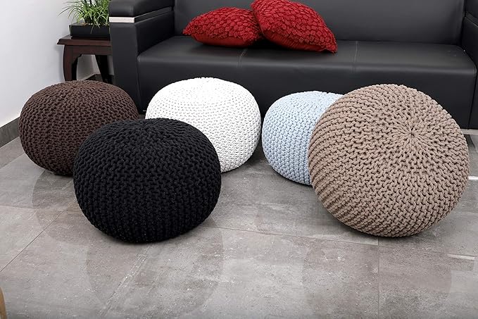 FRELISH DECOR Round Pouf Ottoman Hand Knitted 100% Cotton Pouf Foot Stool - Knitted Bean Bag - Floor Chair for Living Room Bedroom - Foot Rest for Couch (20 Diameter x 14 Height) - Brown