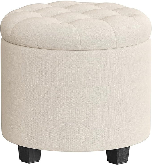 SONGMICS Round Ottoman, Ottoman with Storage, 17.7 x 17.7 x 17.5 Inches, Foot Rest with Legs, Linen-Look Fabric, Load up to 330 lb, for Living Room, Bedroom, Light Beige ULOM011W01
