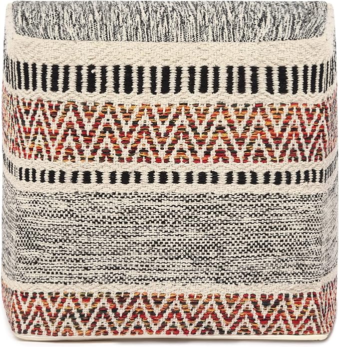 REDEARTH · Tufted Pouf Ottoman with Filler Textured Storage Cube Bean Bag Pouffe Footrest for Living Room, Bedroom, Nursery, Home Decor - 100% Cotton (17.5"X17.5"X17.5", Motley Bohemia Multi)