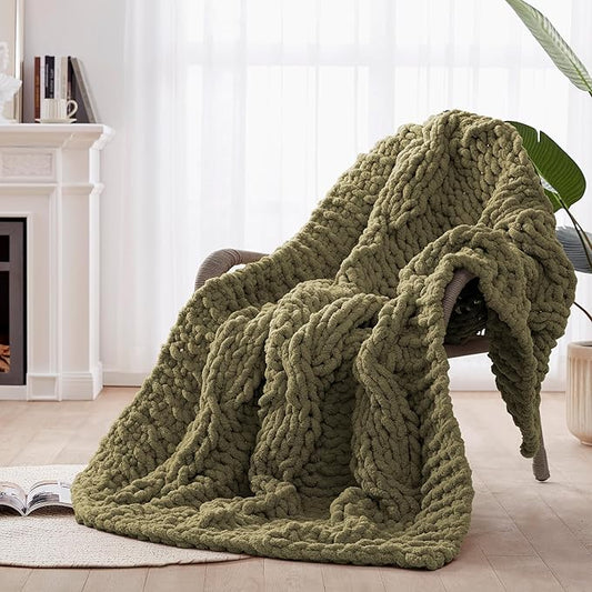 Chunky Knit Blanket Throw - 100% Hand Knitted Chunky Throw Blanket for Couch, Thick and Warm Blanket for Winter, Olive Green, 50x60 Inches
