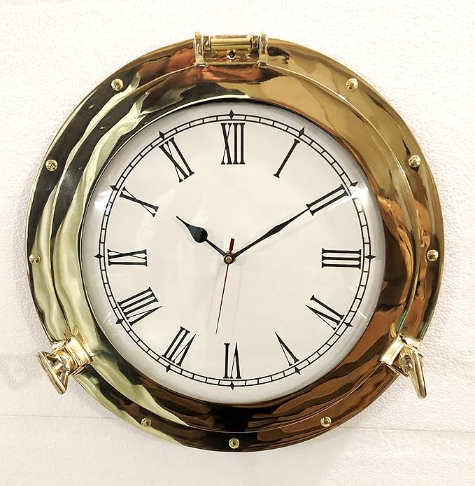 12" Antique Marine Solid Brass Ship Porthole Analog Clock Nautical Wall Hanging Clock Home Decor