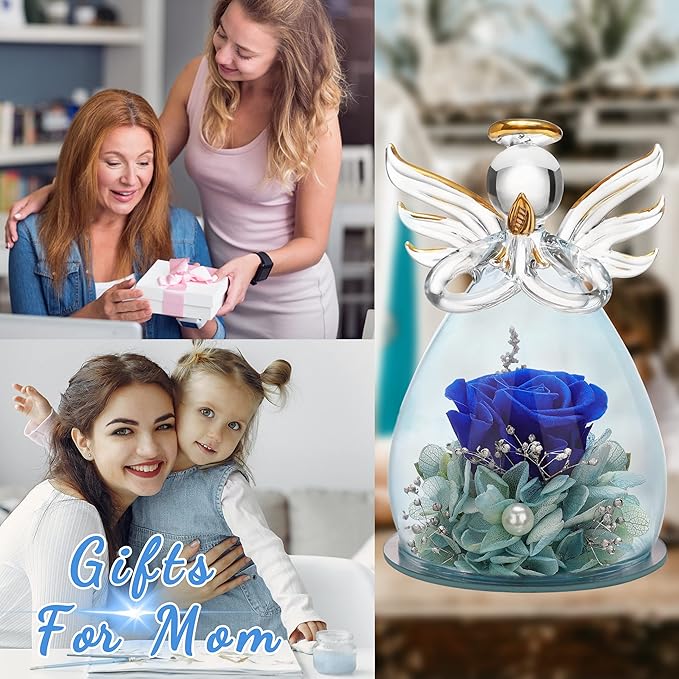 ANLUNOB Preserved Rose Birthday Gifts for Women Mom Grandma Wife, Glass Angel Figurines Gifts with Pretty Dark Blue Flowers for Anniversary Wedding