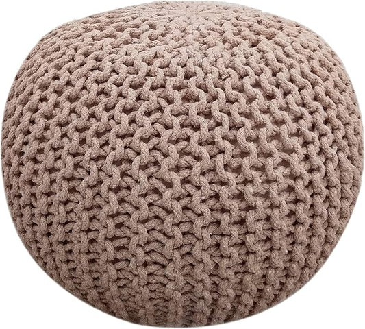 FRELISH DECOR Round Pouf Ottoman Hand Knitted 100% Cotton Pouf Foot Stool - Knitted Bean Bag - Floor Chair for Living Room Bedroom - Foot Rest for Couch (20 Diameter x 14 Height) - Taupe
