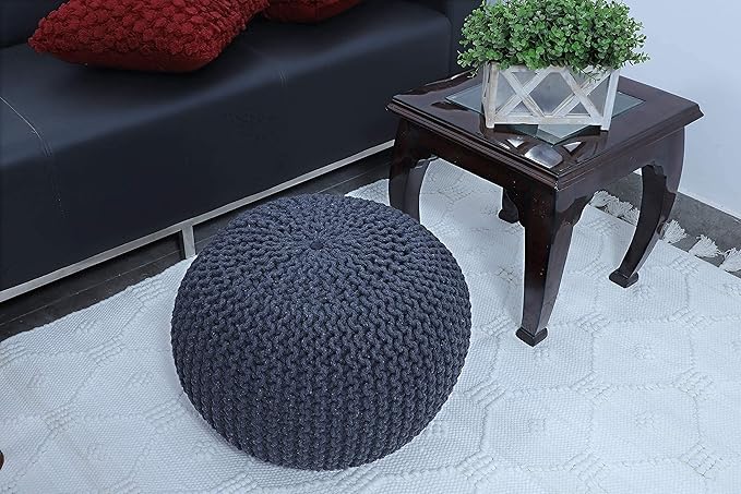 FRELISH DECOR Round Pouf Ottoman Hand Knitted 100% Cotton Pouf Foot Stool - Knitted Bean Bag - Floor Chair for Living Room Bedroom - Foot Rest for Couch (20 Diameter x 14 Height) - Dark Grey