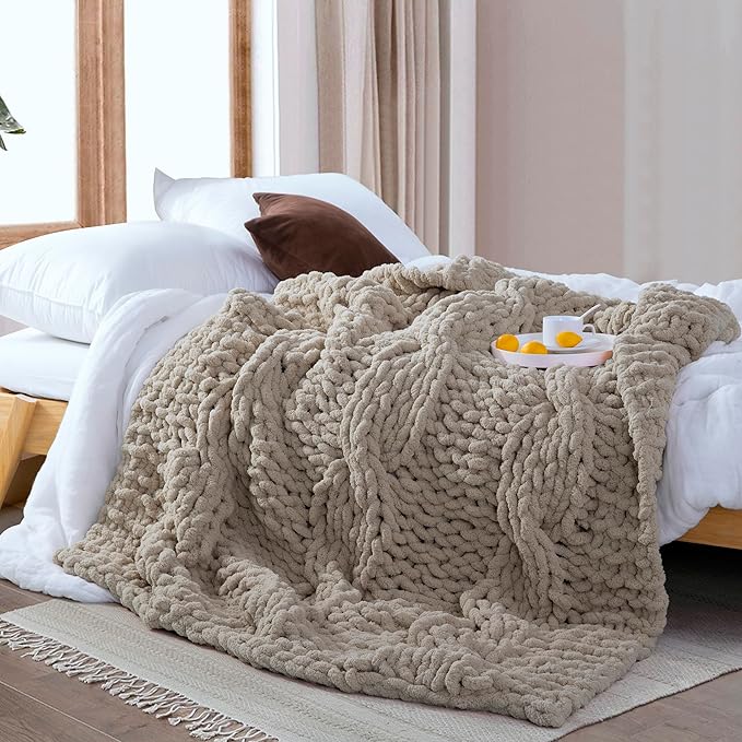Chunky Knit Blanket Throw - 100% Hand Knitted Chunky Soft Throw Blanket for Couch, Thick and Warm for Winter, Linen, 40x50 Inches