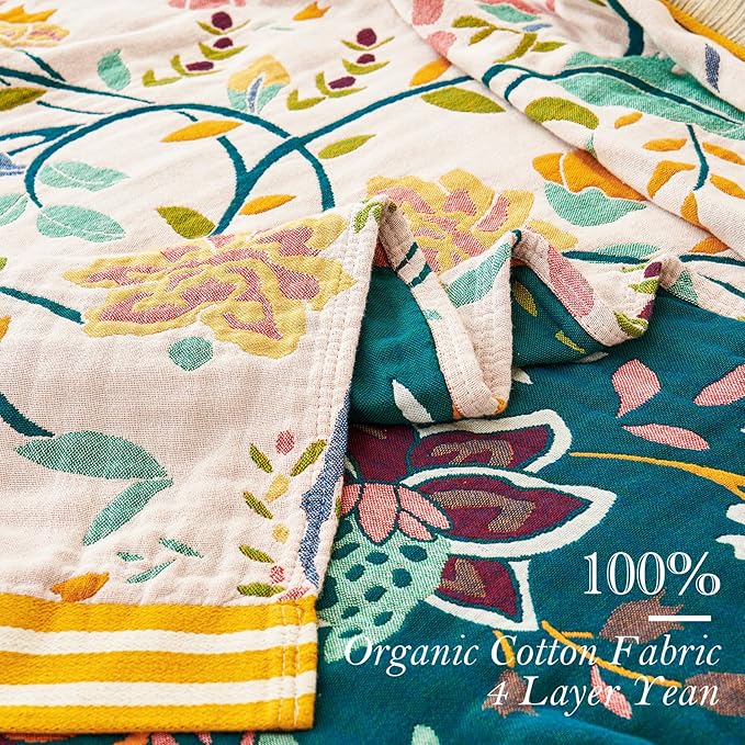 Boho Throw Blanket for Bed, 100% Organic Cotton Breathable Ultra Soft 60" x 80" Quilt Throw - All Season Floral Rustic Farmhouse Decor Luxury Reversible Blanket for Sofa Couch Chair and Gift