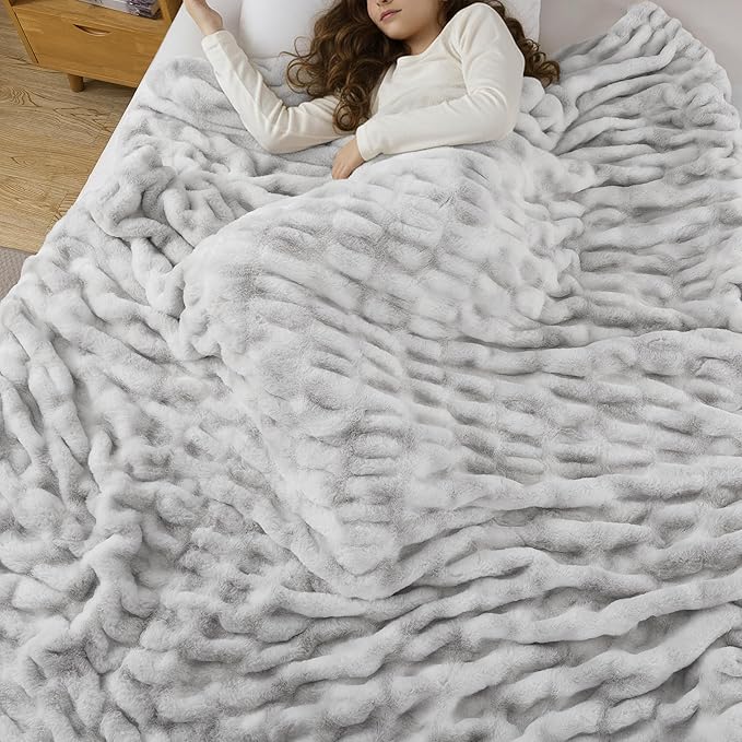 WDCOZY Ruched Faux Fur Throw Blanket Soft Cozy Fluffy Luxurious Blankets Couch Bed Sofa Chair Home Decor Warm Furry Fall Winter Plush Rabbit Fur Bubble Blanket 50" x 60", Grey