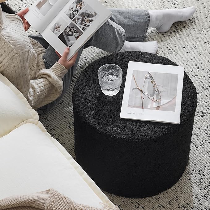 Bezseller Soft Boucle Pouf Ottoman, Comfortable Foot Rest, Full Foam Filling Footstool for Living Room, Bedroom, Lightweight Comfort and Charm Floor Poof Seating Perfect to Rest Your Feet, Black