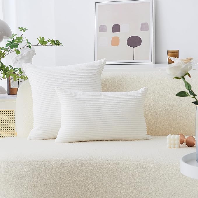 Home Brilliant White Lumbar Pillow Cover Decor Decorative Striped Corduroy Solid Cushion Cover Throw Oblong Pillowcase for Sofa Kids Toddler, 12 x 20 inch, Creamy White