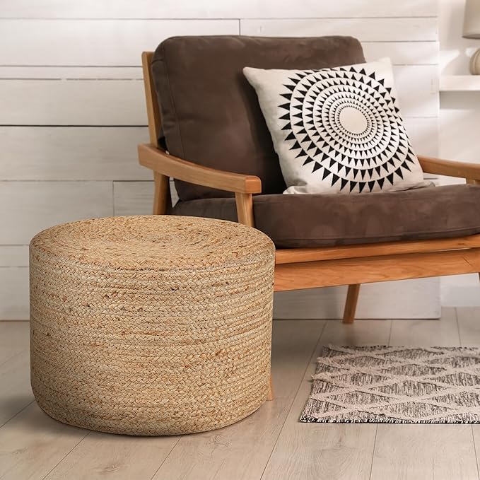 Jute Pouf Ottoman - Briaded Boho Pouf Ottoman Foot Rest - Poofs/Ottomans Furniture Decor - Ottomans Pouffe for Bedroom - Poufs for Living Room - (18"x18"x12")