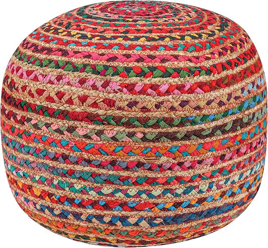 Briaded Round Boho Pouf Ottoman Foot Rest - Poofs/Ottomans Furniture Decor - Circular Ottomans Pouffe for Bedroom - Poufs for Living Room Jute and Cotton - (18"x18"x14")
